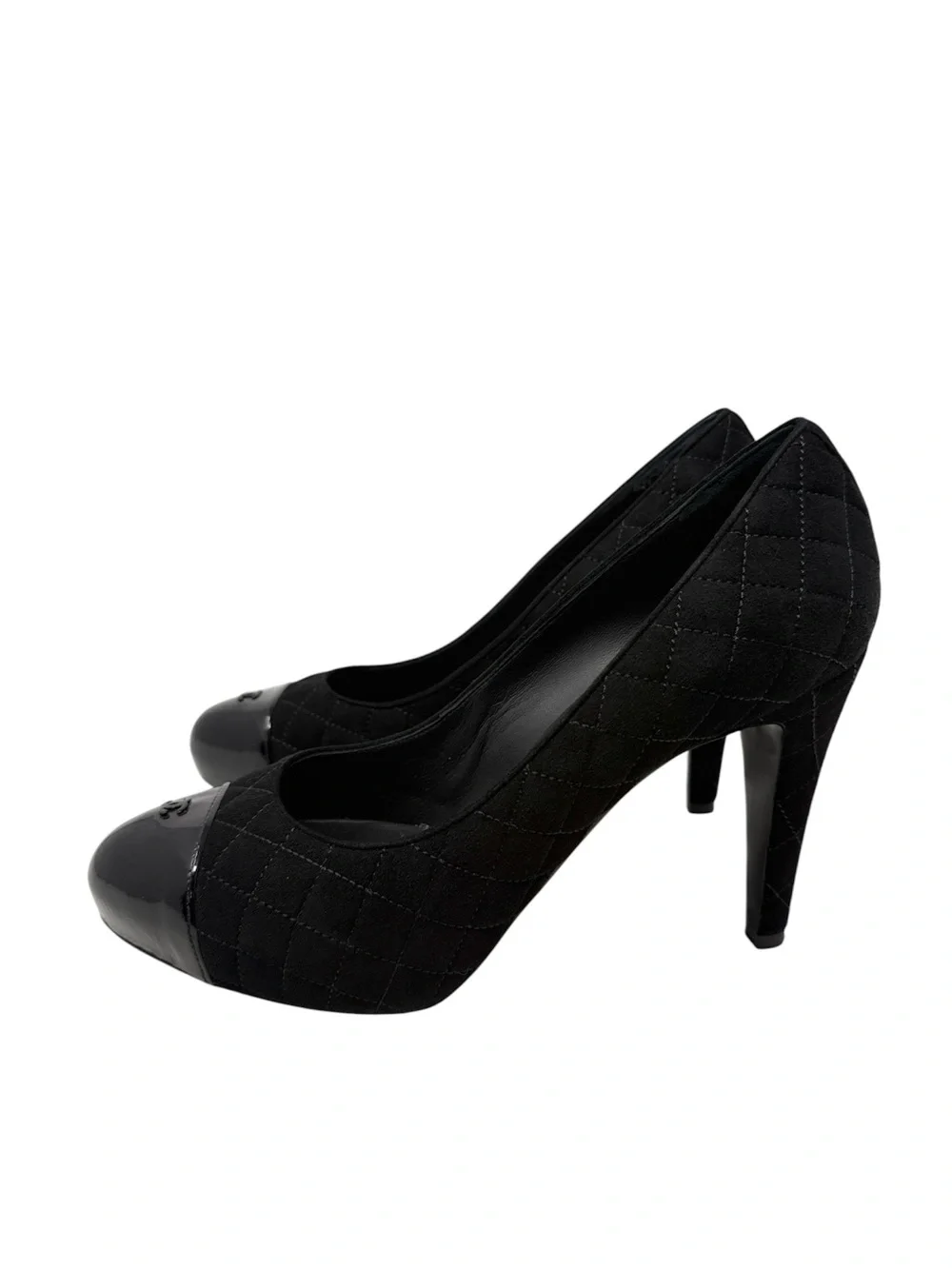 Chanel Quilted CC Cap Toe Black Suede Pumps Size 39.5